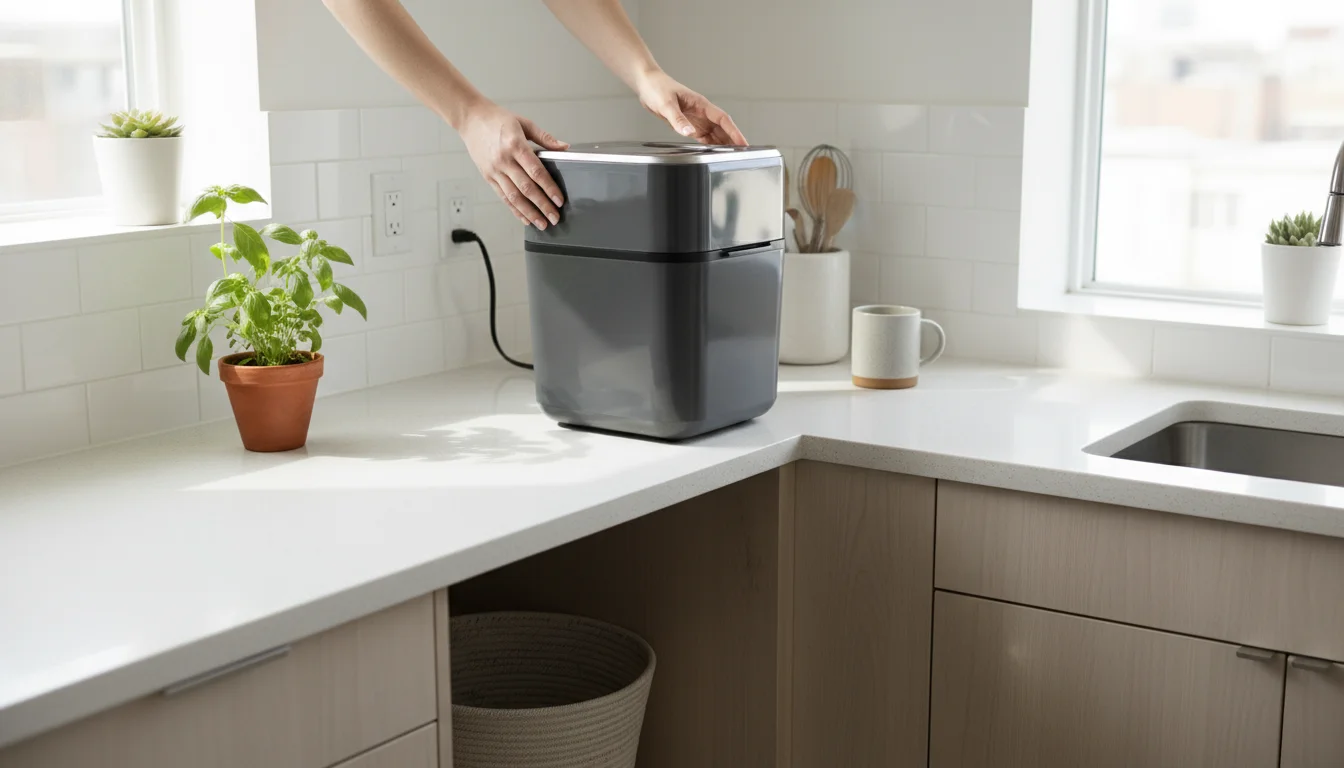 From above, a person places a compact electric kitchen composter onto a clean counter in a bright, organized apartment kitchen with an herb plant.