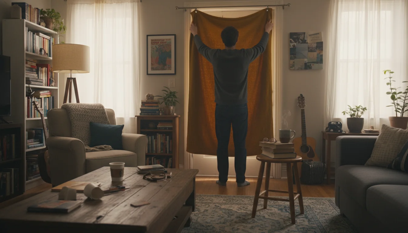Adult adjusts a heavy mustard blanket hung as a sound barrier above an apartment door. Weatherstripping and fabric scraps on a nearby stool.