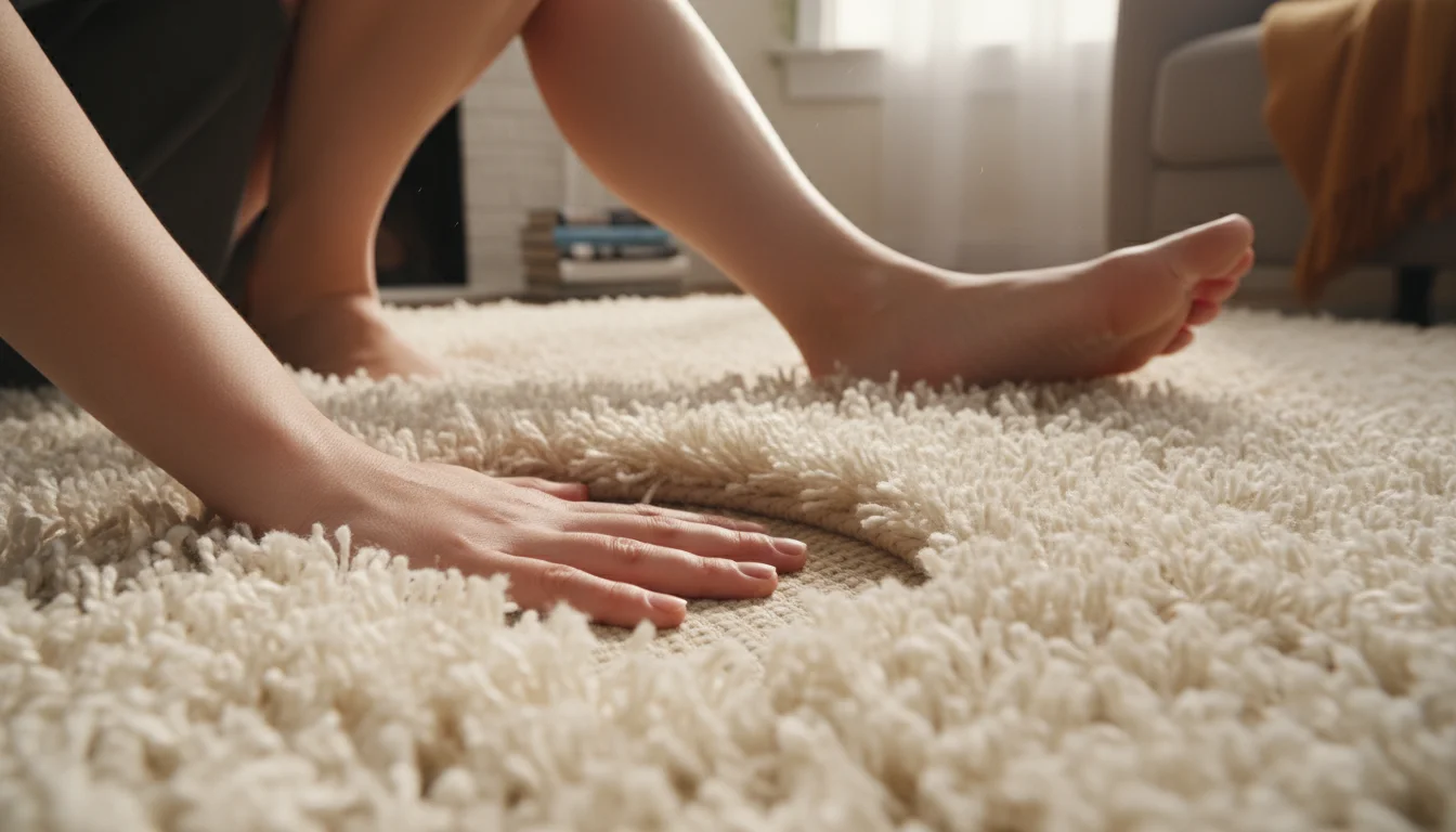 An adult's bare feet rest on a soft, high-pile rug, with a hand pressing into the fibers to show its depth and weave.