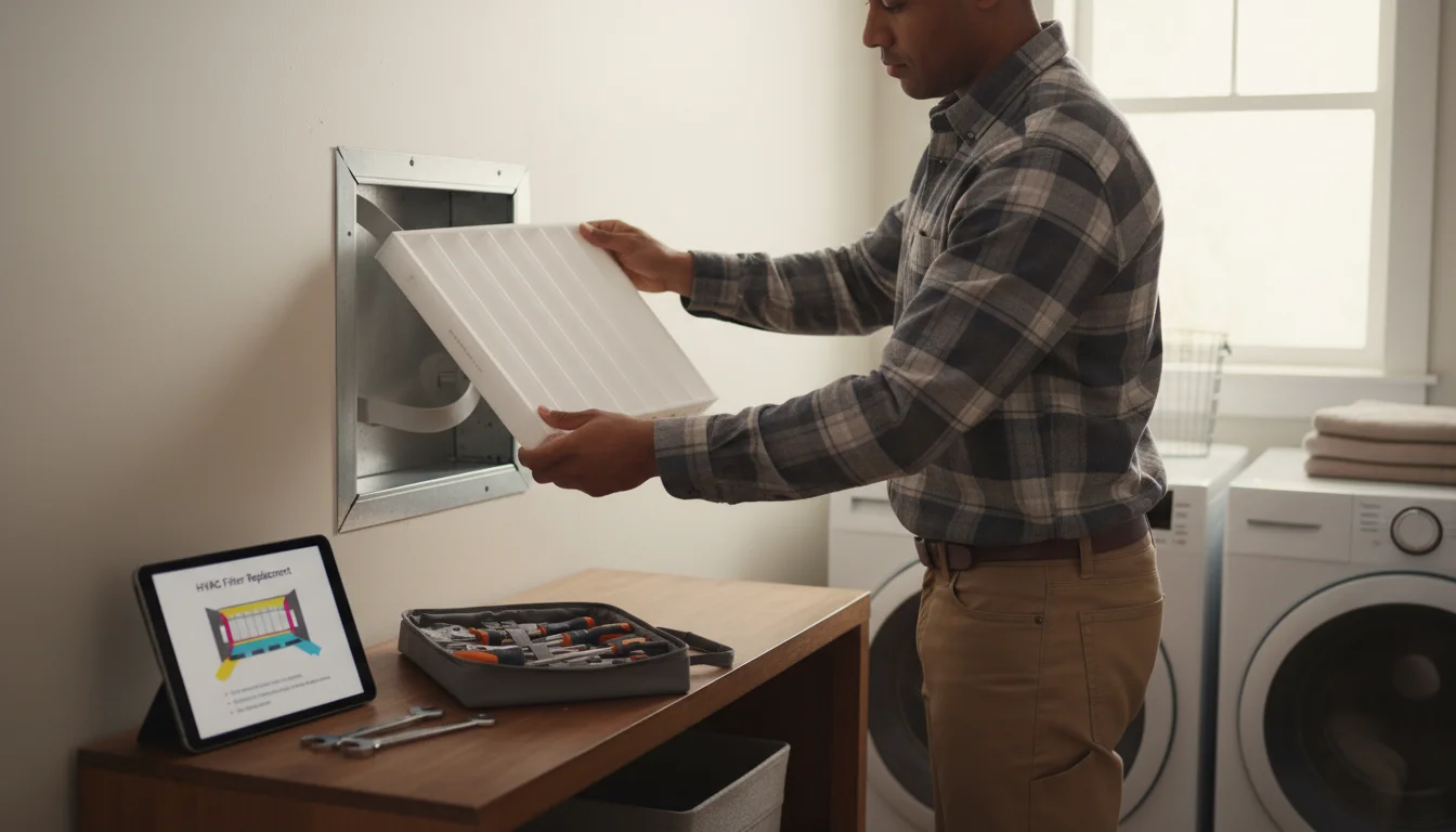 An adult in comfortable clothes changes an HVAC air filter in a well-lit utility area, with a toolkit and tablet nearby.