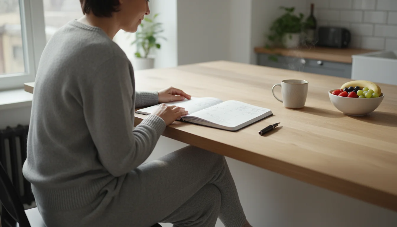 An adult in comfortable clothes sits at a bright kitchen island, reviewing a monthly home care planner with a pen and warm beverage.