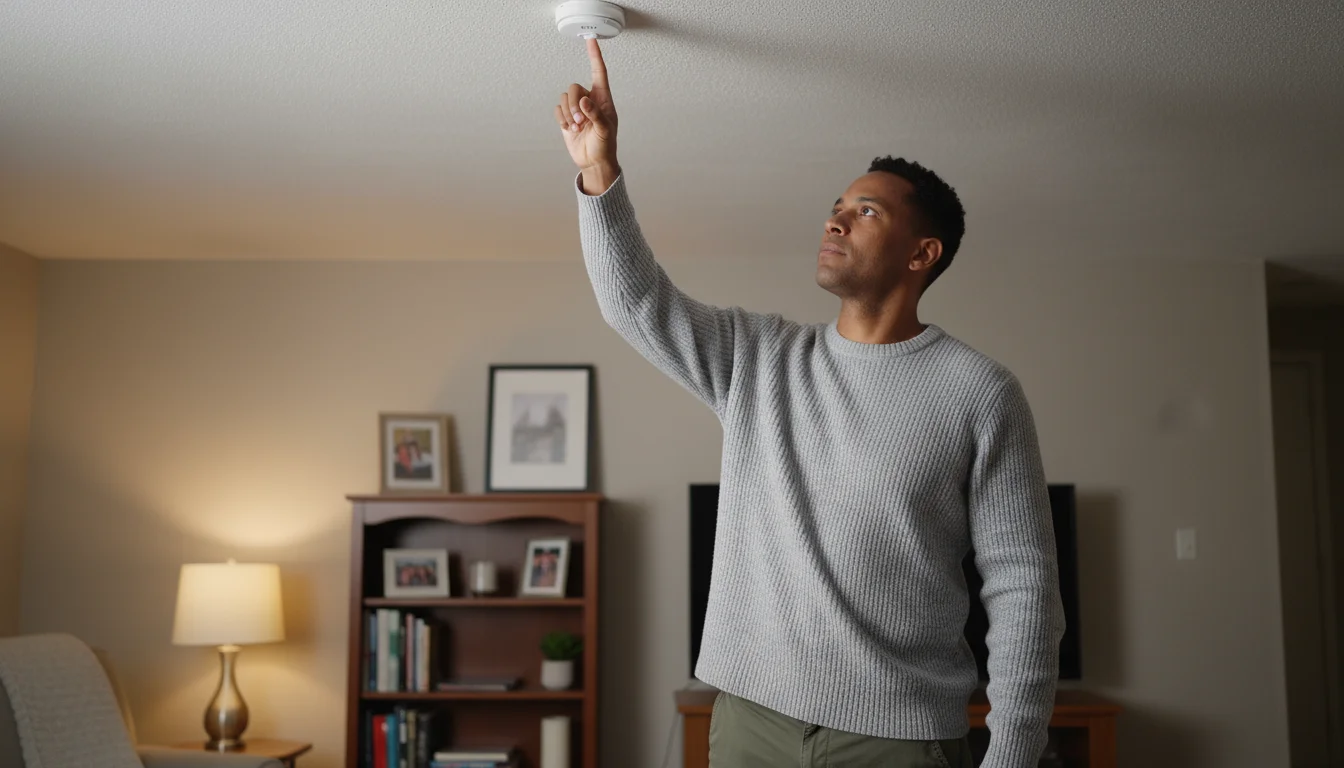 An adult in a comfortable home tests a ceiling-mounted smoke detector, pressing its button as part of a routine monthly safety check.