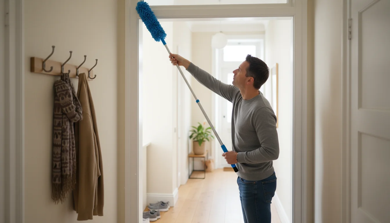 Adult dusting the top of a white door frame in a home hallway with a long-handled microfibre duster.