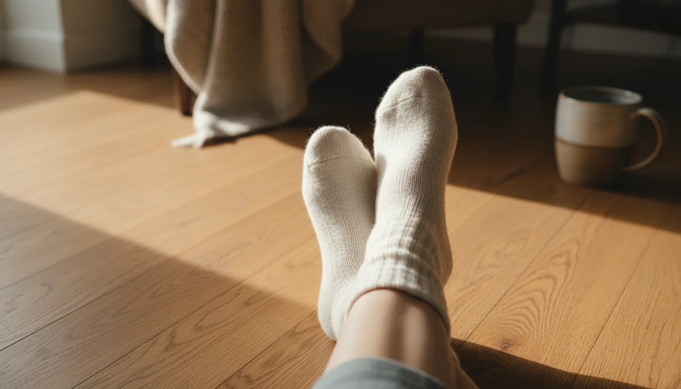Adult feet in soft beige socks rest on warm oak hardwood flooring, lit by gentle sunlight.