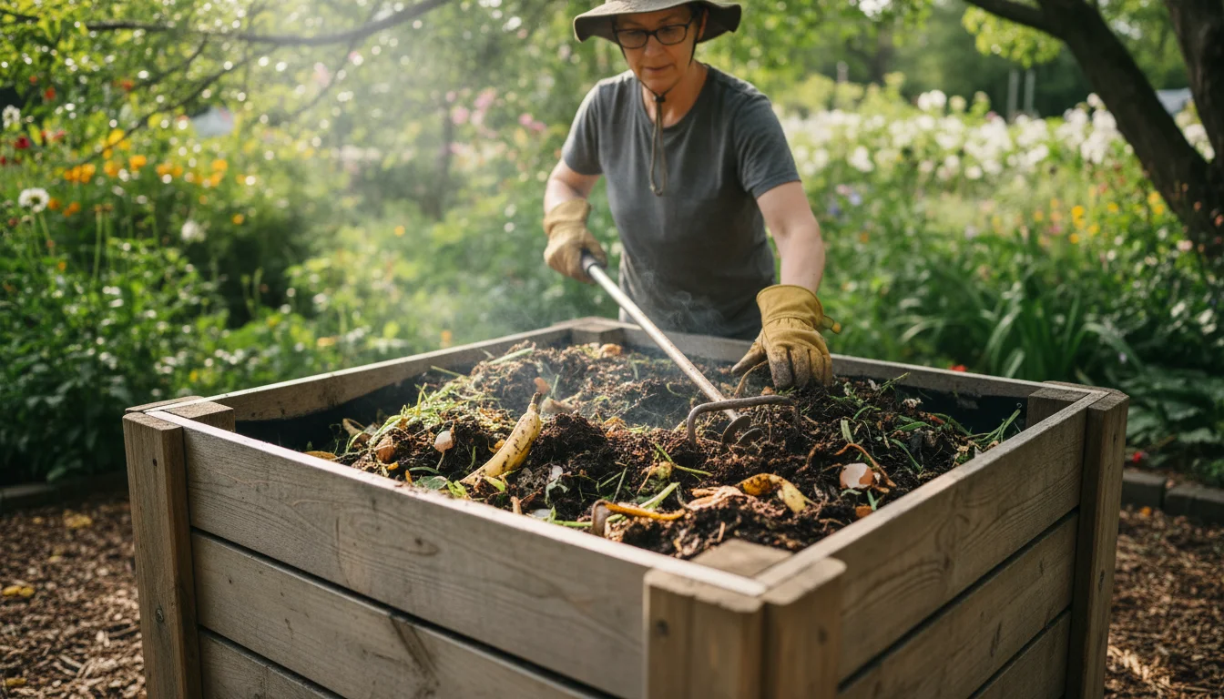 Adult in gardening gloves aerating a wooden backyard compost bin, revealing dark soil and organic matter.