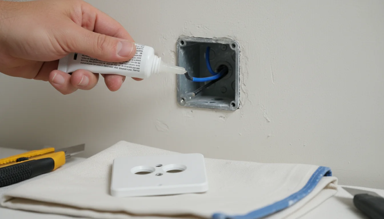 An adult's hand carefully applies clear acoustic sealant around an exposed electrical outlet box on a wall, to reduce noise.