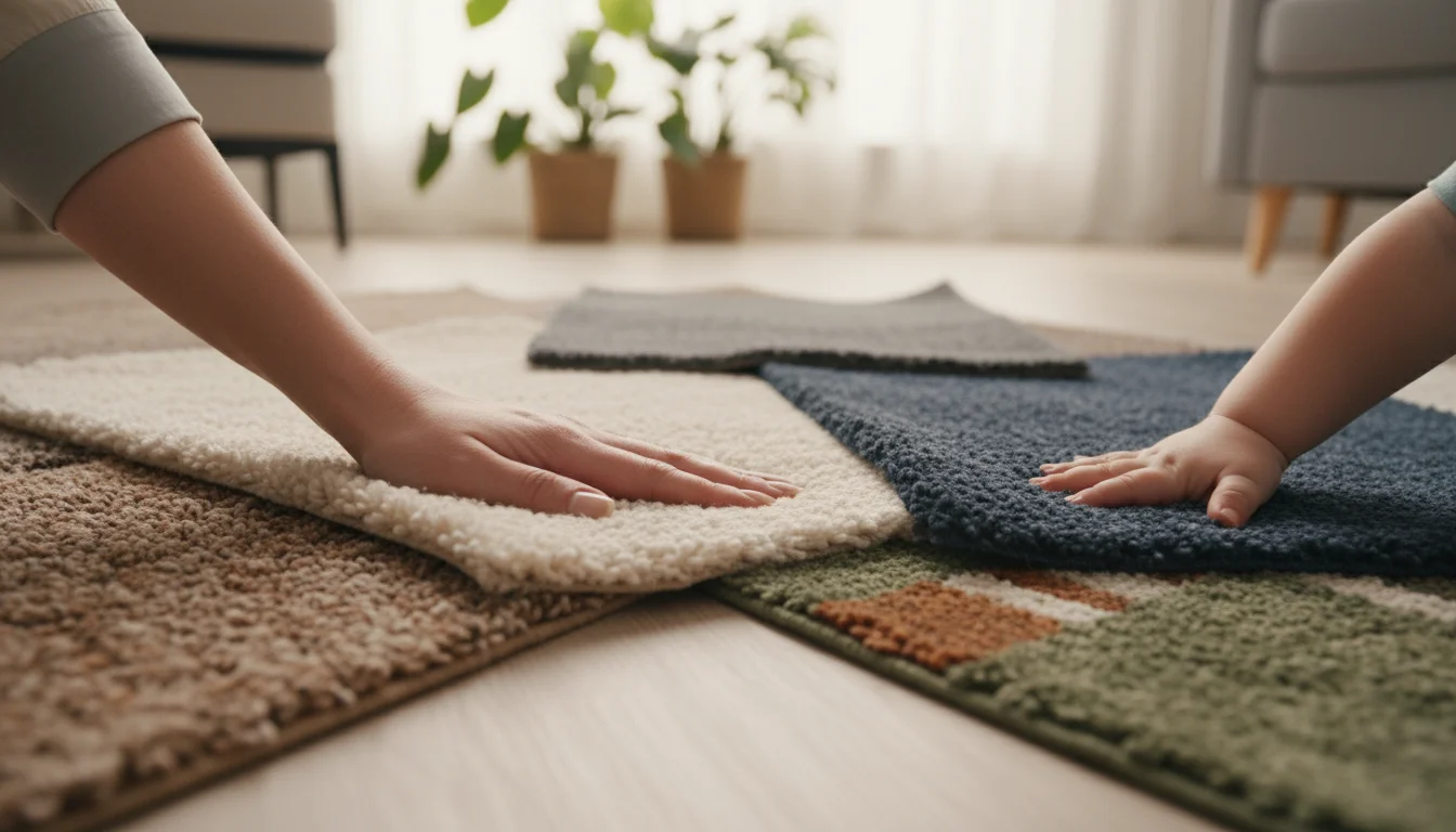 An adult's hand and a child's hand touching various carpet swatches spread on a wooden floor, illuminated by natural light.