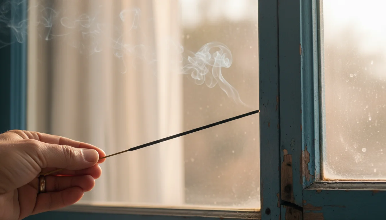 An adult hand holds a lit incense stick near a window frame, smoke wavering as it's drawn into a small gap, indicating a draft.