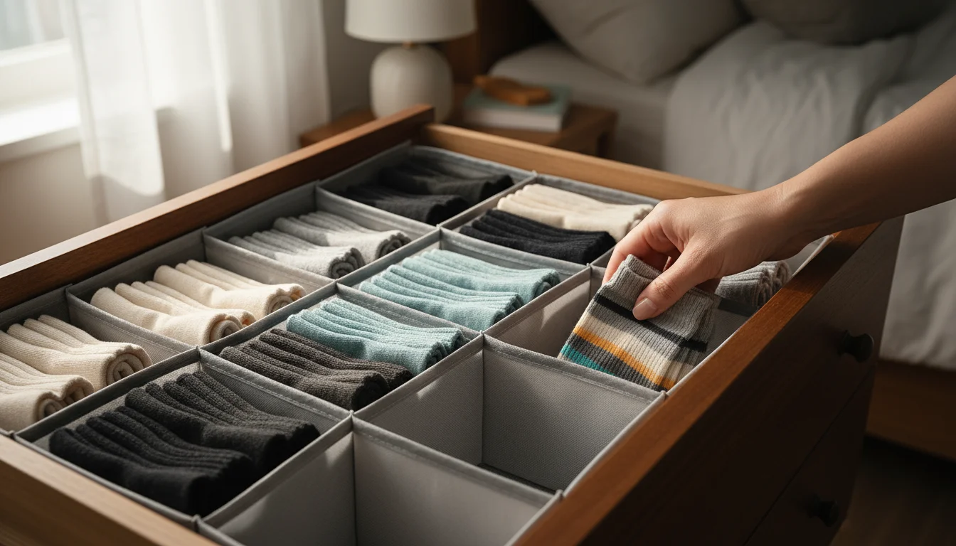 Adult hand gently places neatly folded socks into a fabric drawer divider in a tidy dresser drawer.