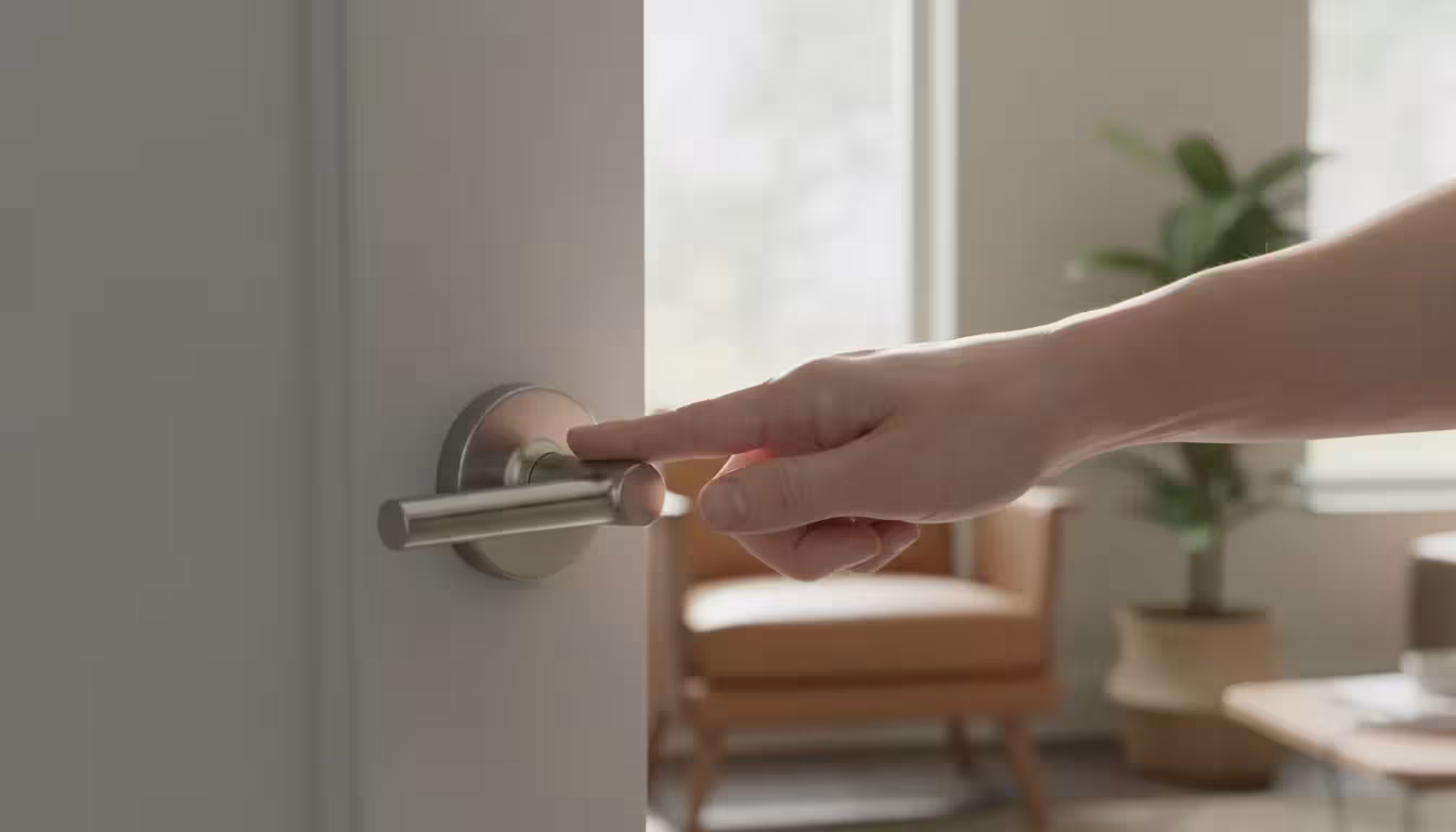 An adult hand gently presses a brushed nickel lever door handle on a light gray interior door.