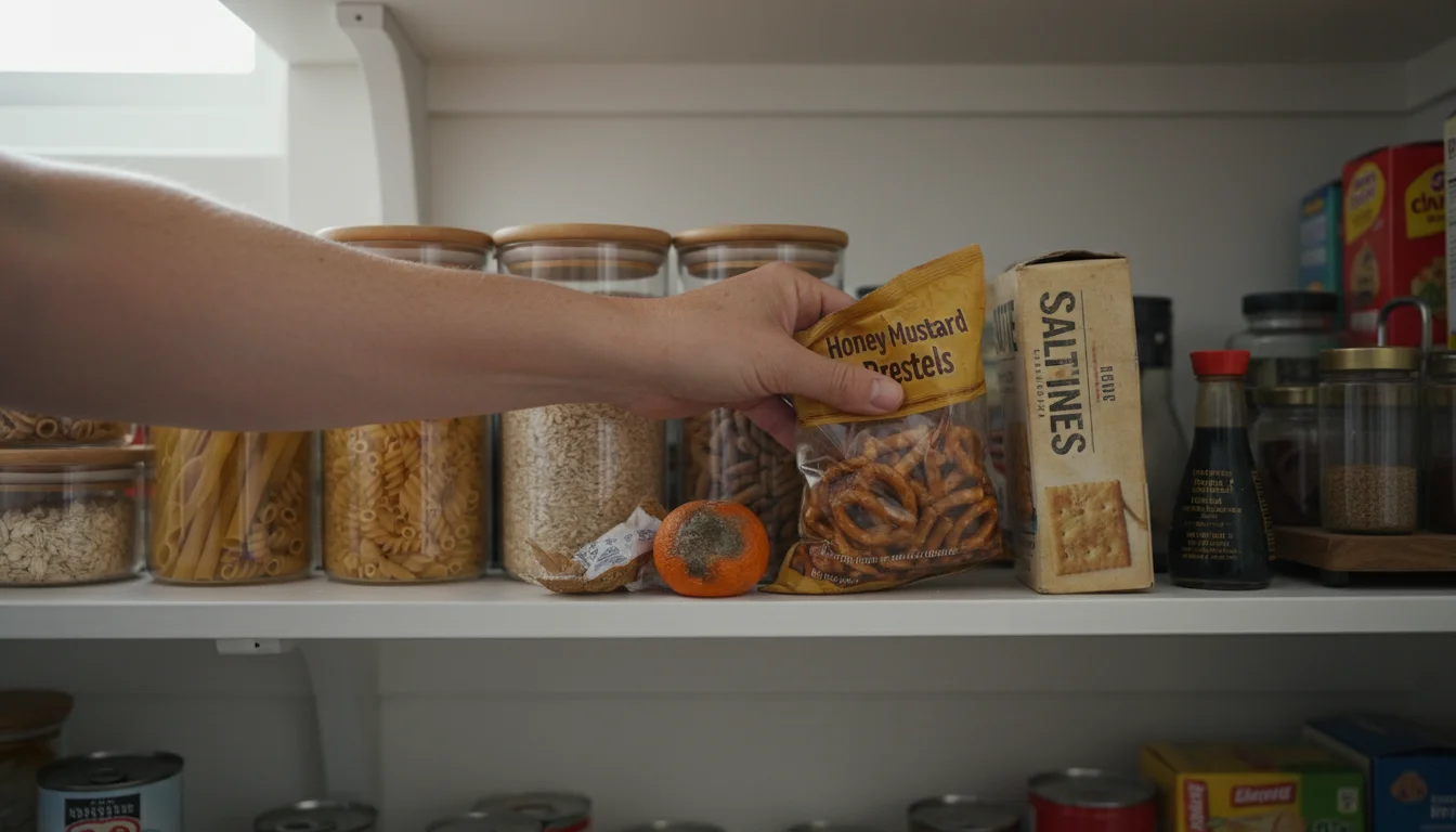 Adult hand pulling a partially eaten bag of pretzels from the back of a pantry shelf among organized containers.