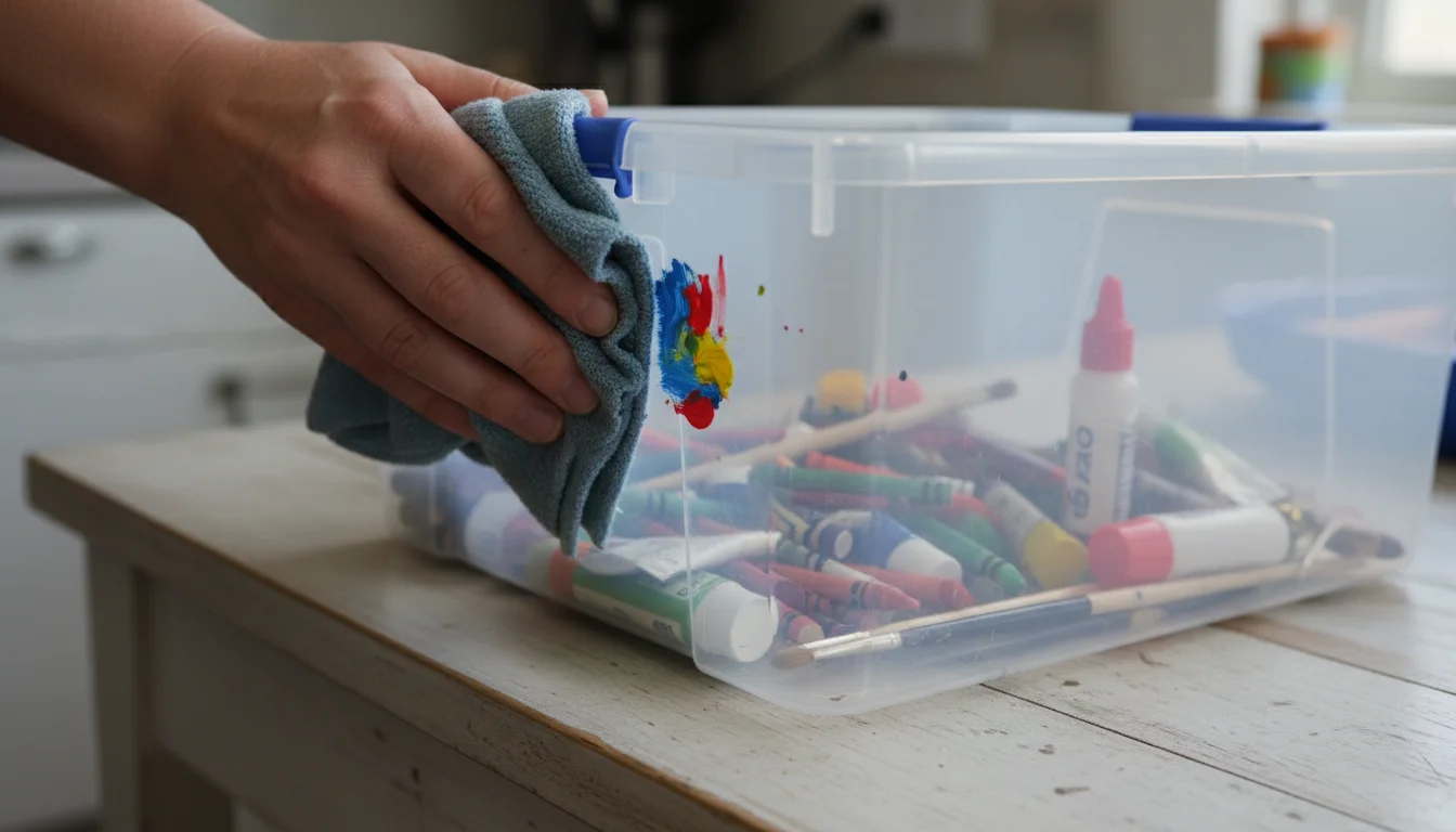 An adult hand quickly wipes a small paint smudge from the transparent side of a clear plastic storage bin, showing its easy-to-clean surface.