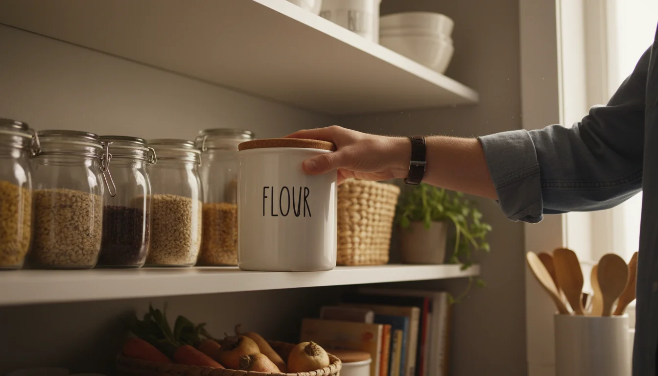 Close-up of an adult's hand reaching for a labeled opaque food container in a warm, well-organized home pantry, emphasizing easy identification.