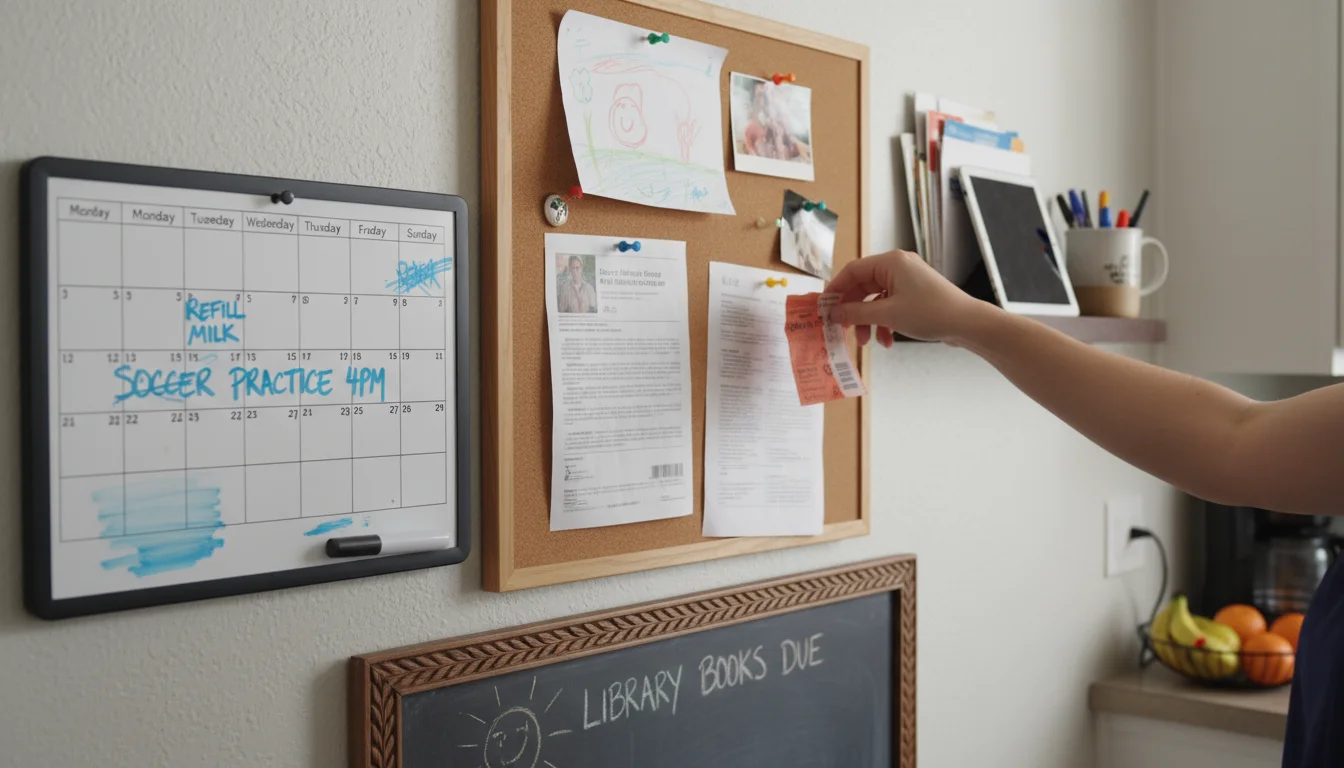 Adult hand removing an old paper from a slightly cluttered family command center with a whiteboard and corkboard on a kitchen wall.