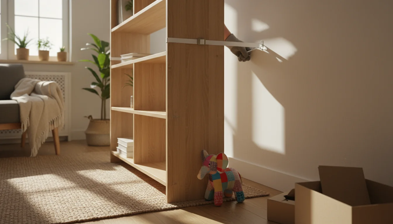 An adult's hand secures a tall wooden bookshelf to the wall with an anti-tip strap in a cozy studio apartment. A child's toy is nearby.