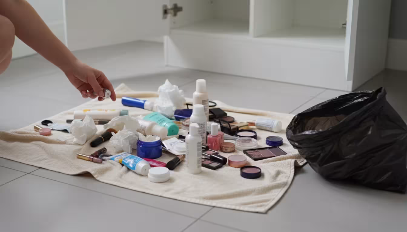 An adult hand sorts through a large pile of assorted toiletries and personal care items spread on a towel on a bathroom floor, with a trash bag nearby