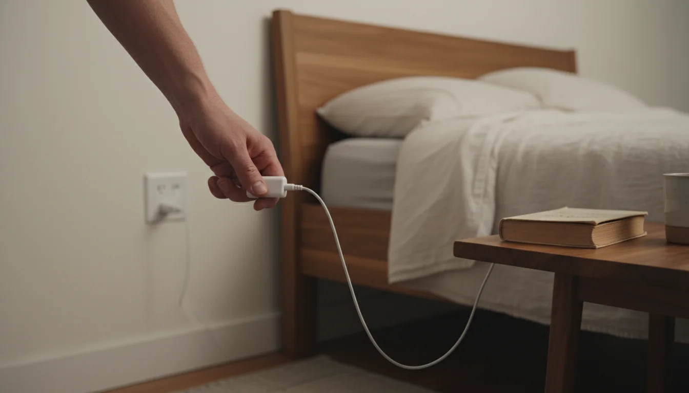 Adult hand unplugging a phone charger from a low wall outlet next to a bed with light linen bedding, in ambient evening light.