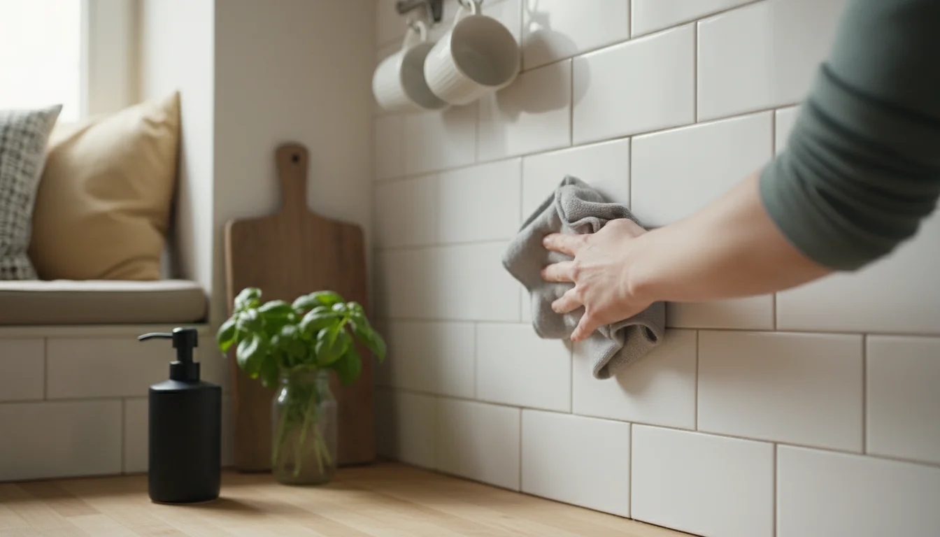 An adult's hand gently wipes a white subway tile kitchen backsplash with a soft, damp cloth.