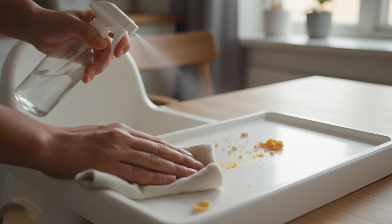 Adult hand wiping a high chair tray with a simple spray bottle and cloth, crumbs visible.