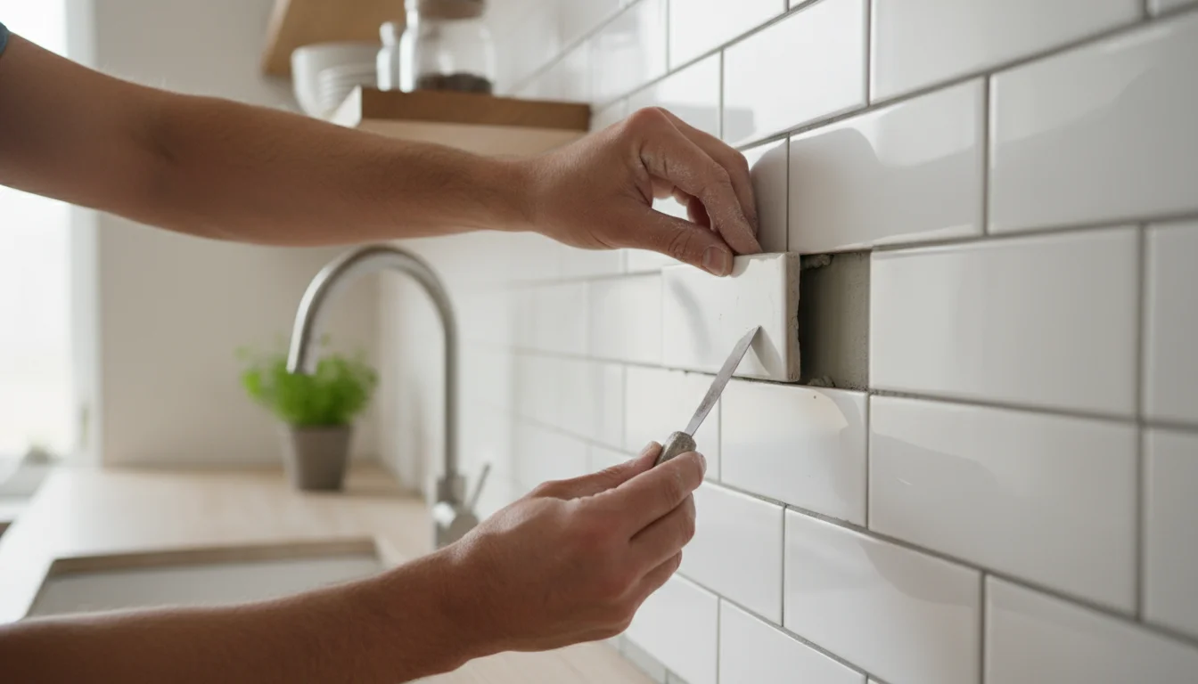 Adult hands carefully adjust a slightly misaligned white subway tile on a kitchen wall during a DIY backsplash project.