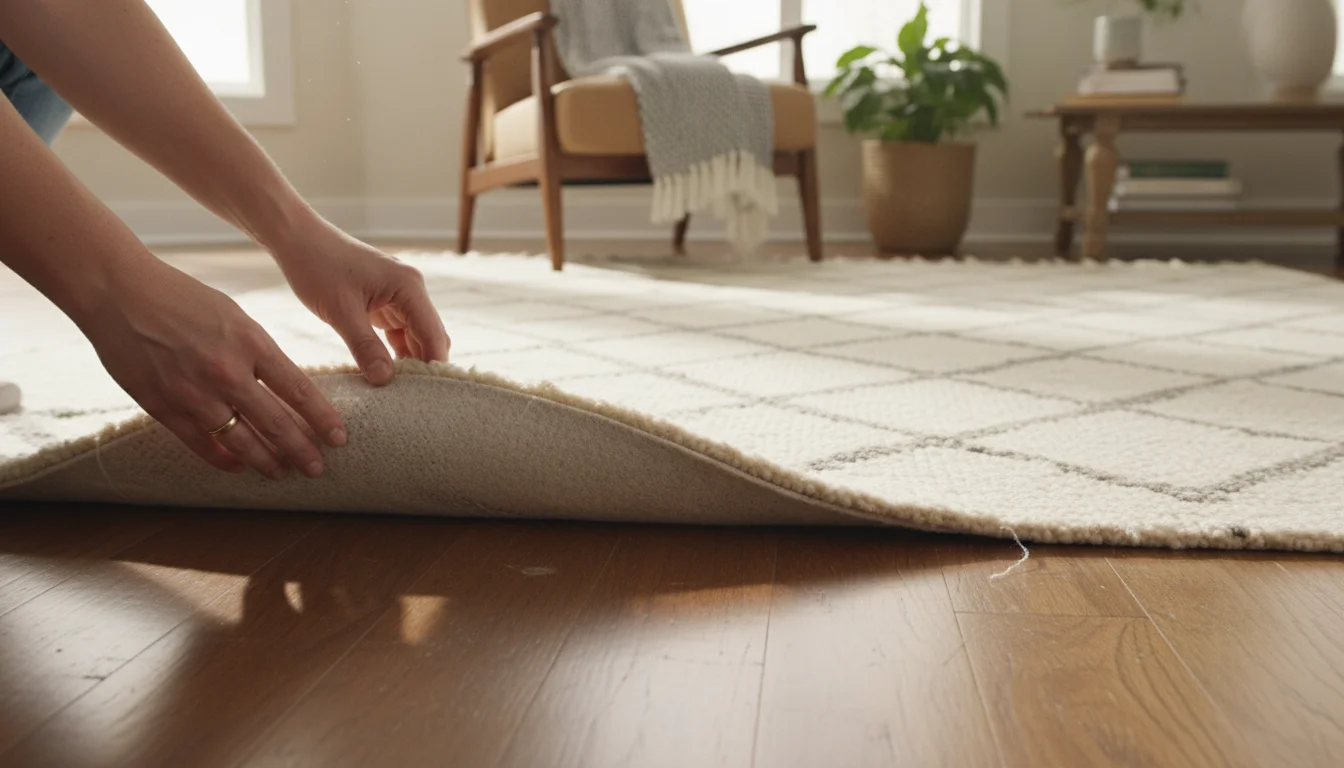 Adult hands adjusting a patterned area rug, revealing a thick non-slip rug pad underneath on a wood floor.