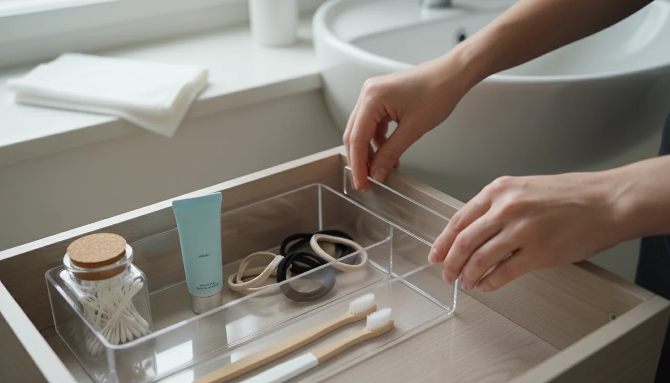 Adult hands adjusting a clear plastic drawer divider in a bathroom vanity drawer filled with everyday toiletries.