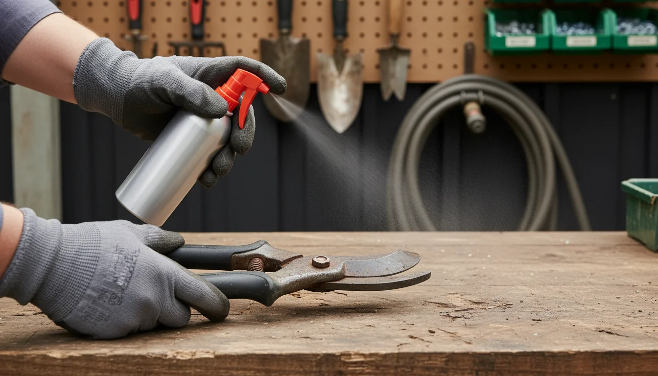 Adult hands applying lubricant to pruning shears on an outdoor workbench, with fall leaves in the blurred background.