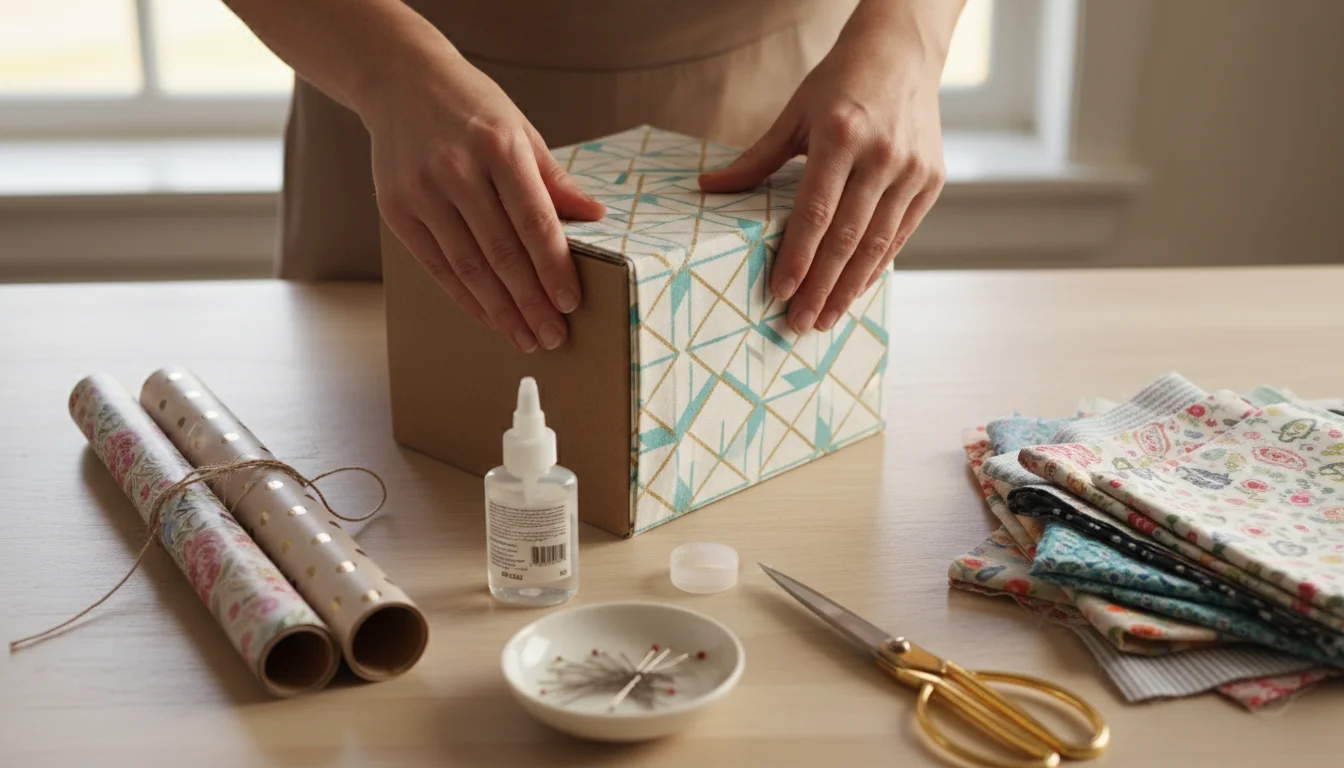 Adult hands cover a plain cardboard box with a piece of decorative fabric on a wooden table, surrounded by craft supplies.