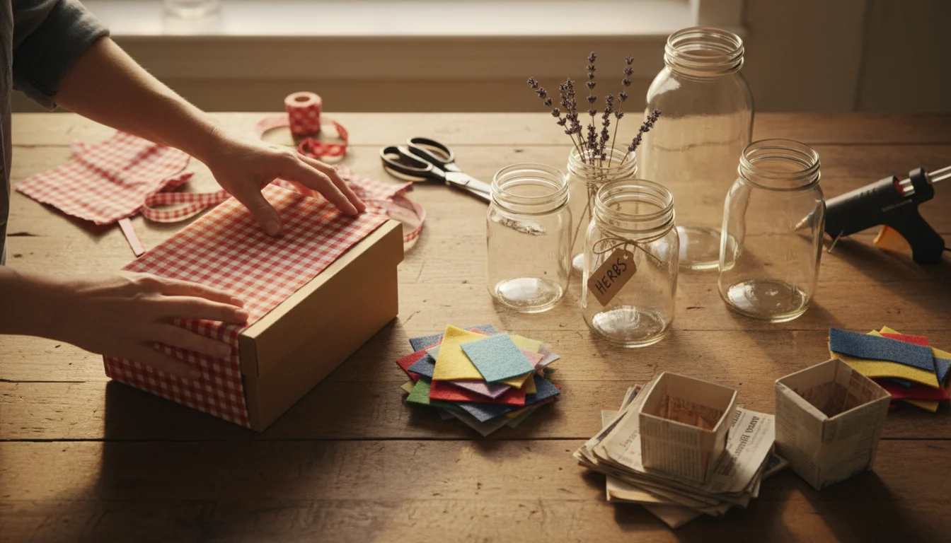 Adult hands crafting a fabric-covered shoebox on a wooden table, surrounded by clean glass jars and a cereal box being cut.