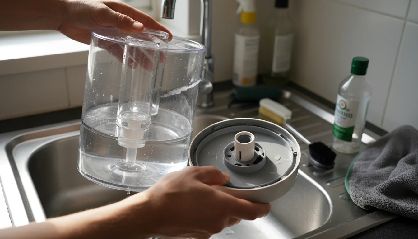 An adult's hands disassembling a home humidifier's water tank and base for cleaning on a countertop.
