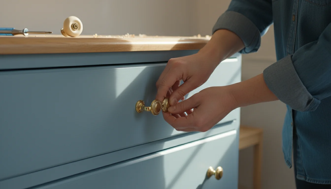 Adult hands installing a new brass drawer pull onto a light blue vintage dresser drawer with a screwdriver.