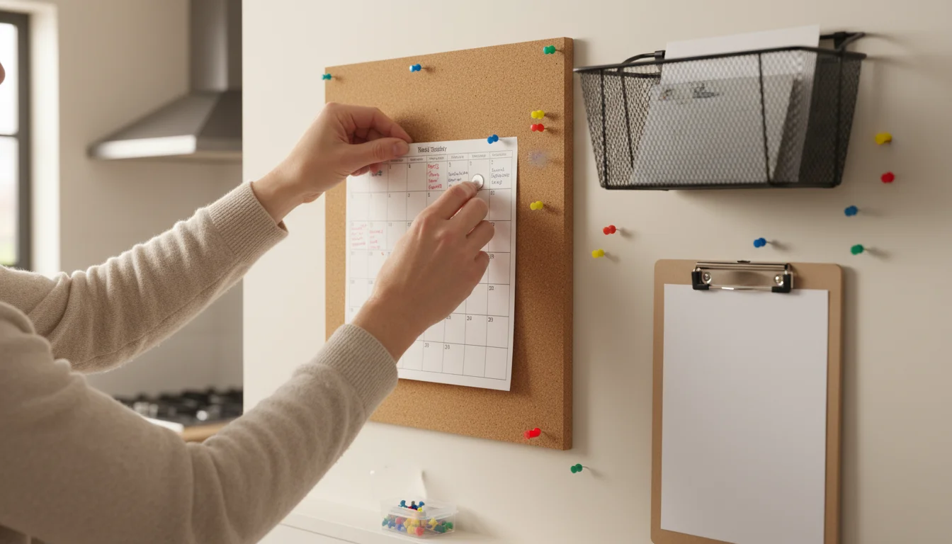 Adult hands pin a printed calendar onto a cork board as part of a budget-friendly family command center assembly.
