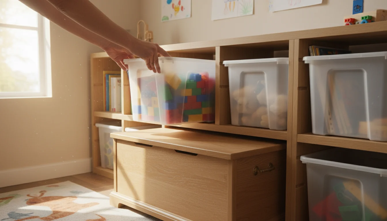 Adult hands place a clear bin of blocks into a modular organizer with a mix of old and new bins.