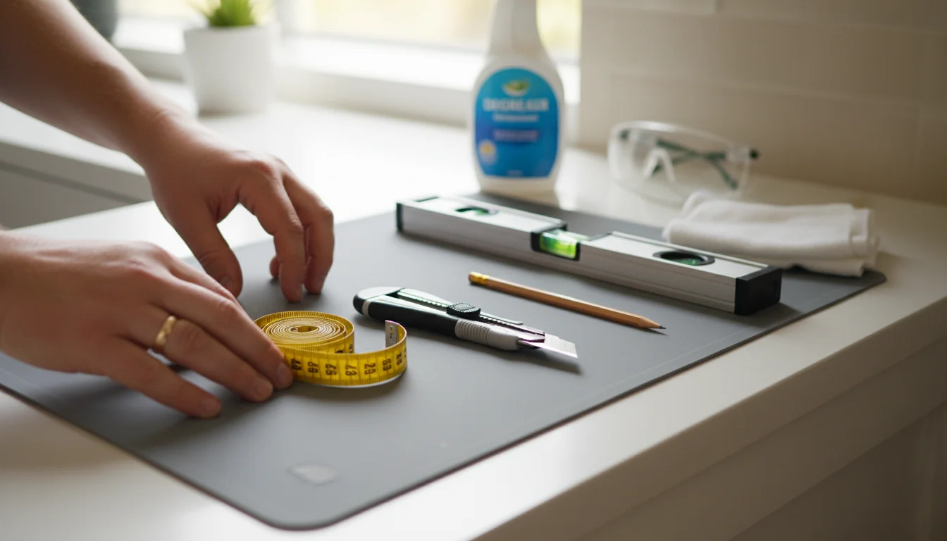 Adult hands carefully place a utility knife on a mat with a measuring tape, level, pencil, cloth, degreaser, and safety glasses.
