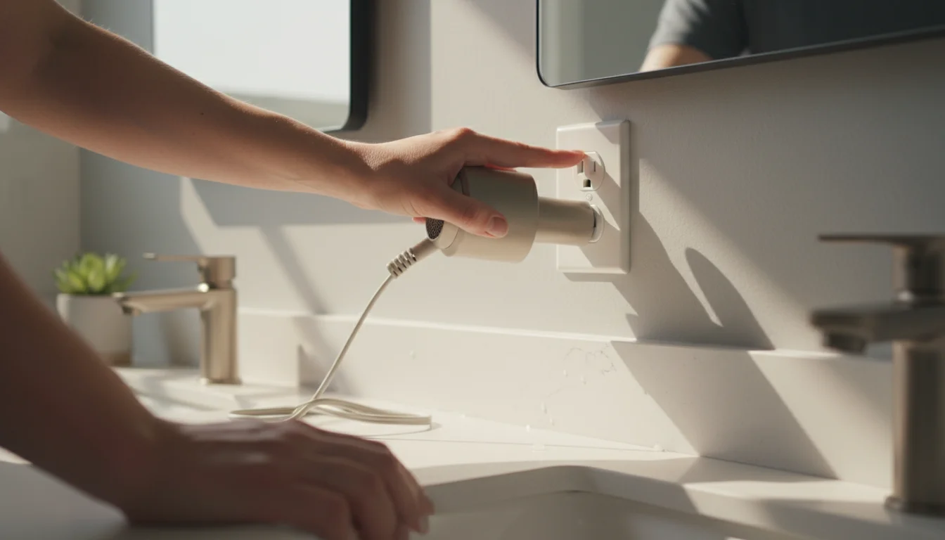 Adult hands pressing the 'test' button on a white GFCI outlet with a modern hairdryer plugged in, resting on a light bathroom counter.