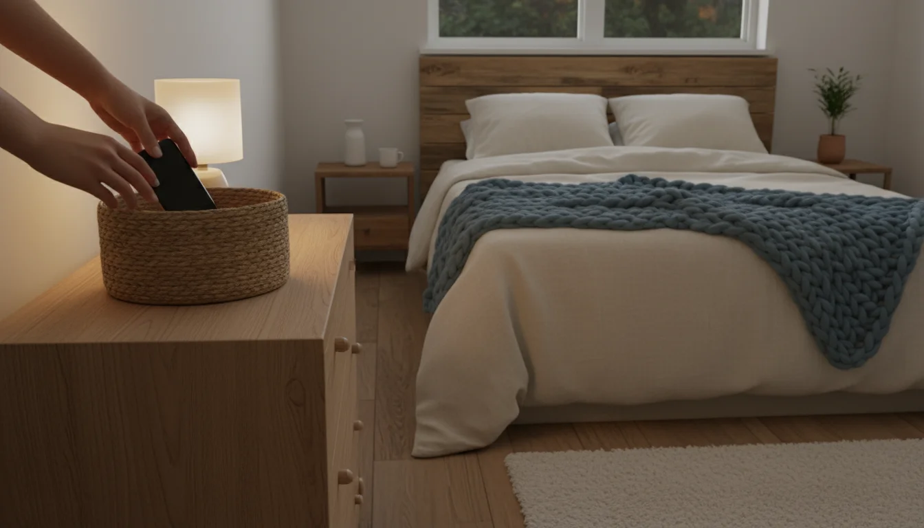 An adult's hands put a smartphone into a woven basket on a dresser away from a bed in a softly lit bedroom.