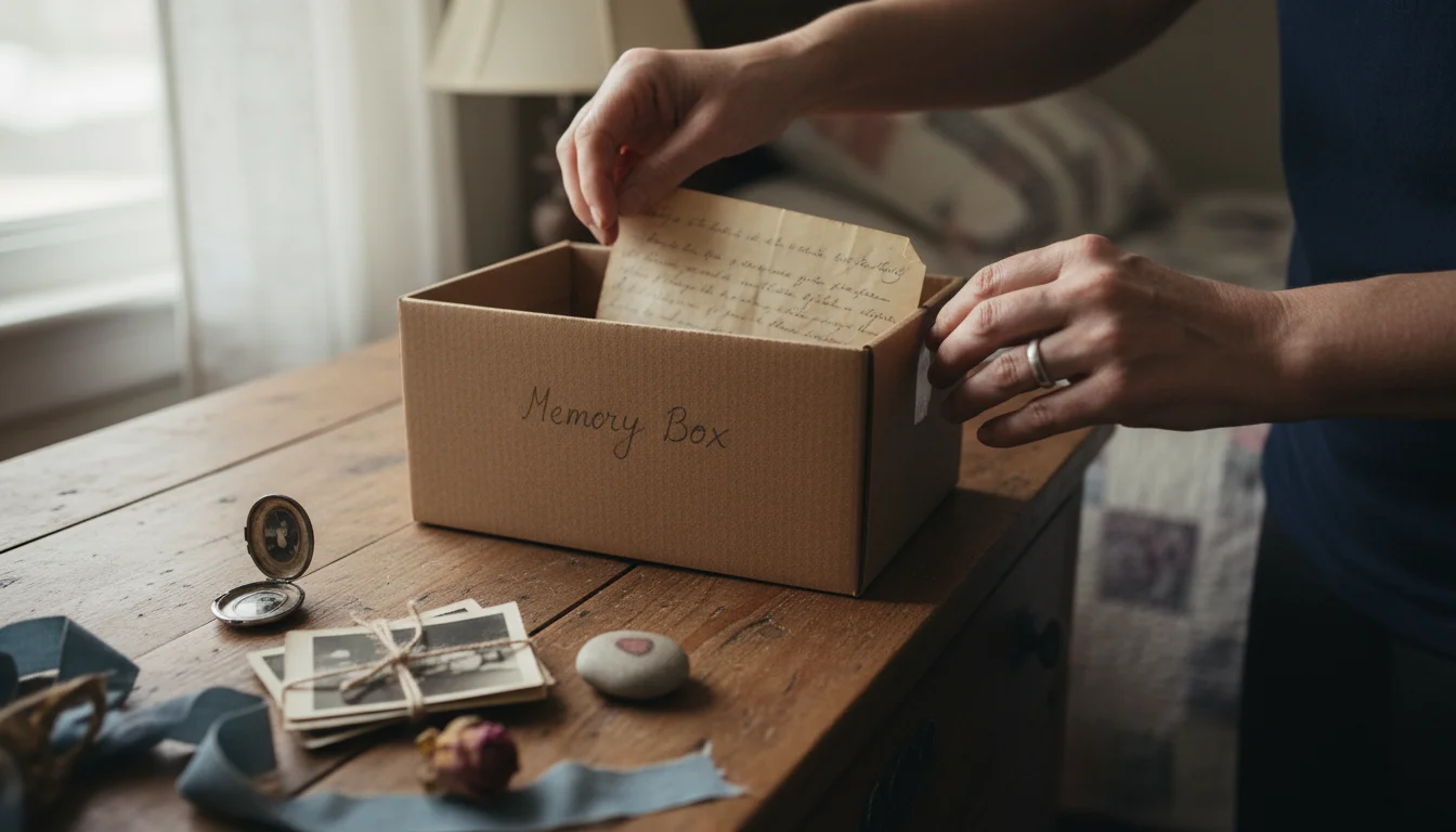 Adult hands sort old letters and faded photos into a simple brown cardboard memory box on a wooden surface, with a small trinket and phone nearby.