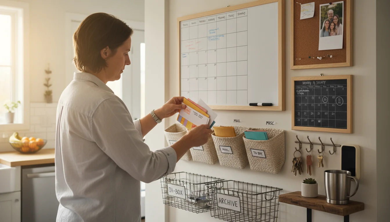 An adult's hands sort papers into labeled pockets at a sunlit family command center.