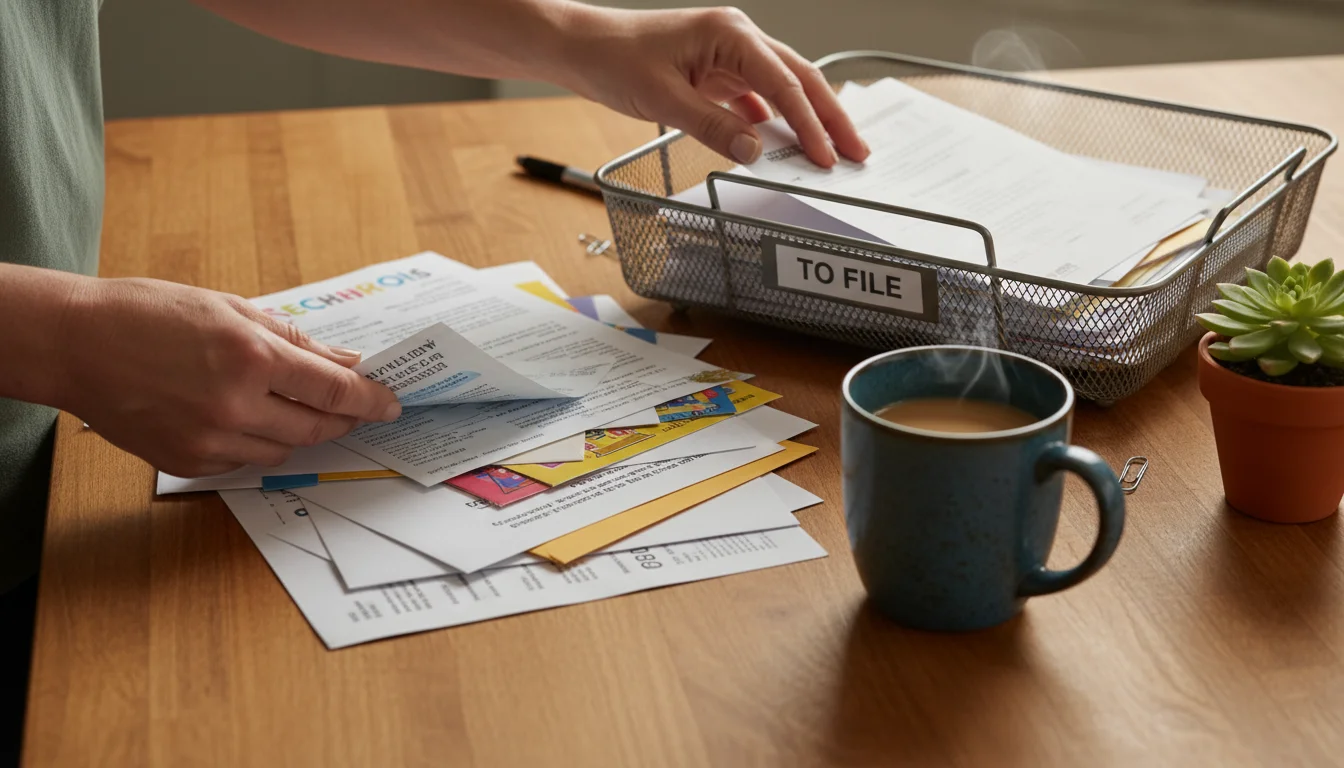 Adult hands sort through a small pile of mail and papers on a kitchen counter next to a coffee mug.