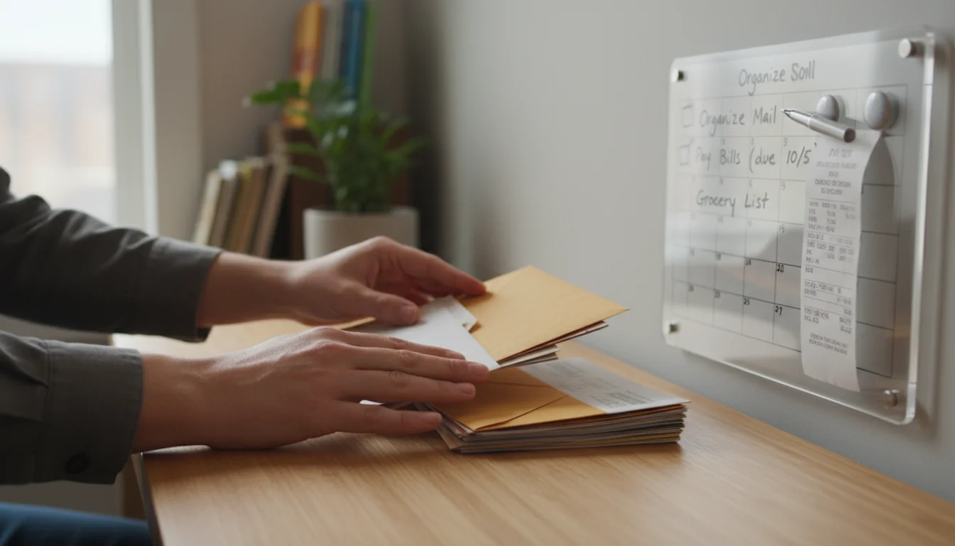 Adult hands sorting mail and preparing to mark a to-do list at a compact command center with keys on a hook.