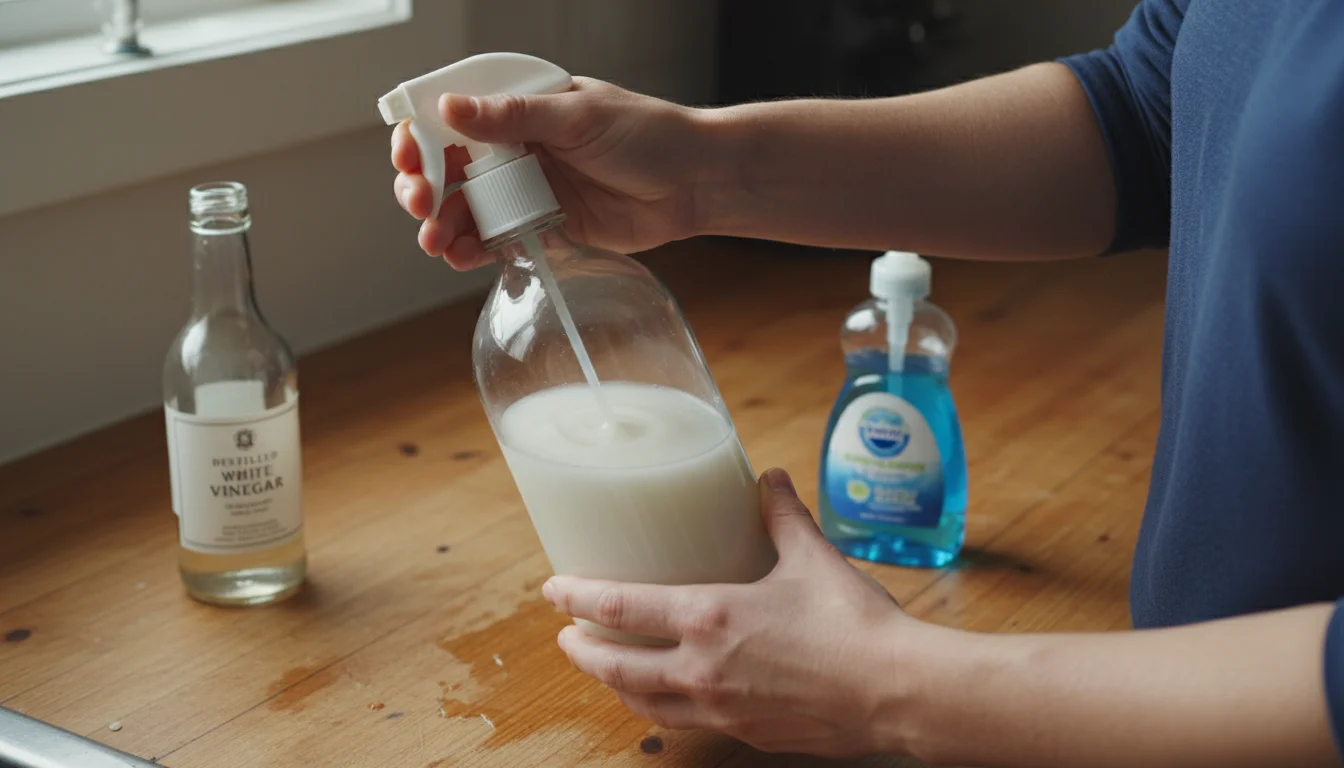 Adult hands swirl a spray bottle of homemade cleaner on a wooden counter, with vinegar and dish soap in the background.