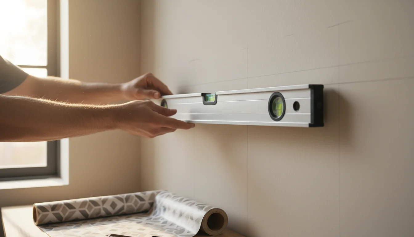 Adult's hands use a silver level to check a pencil guideline on a kitchen wall.
