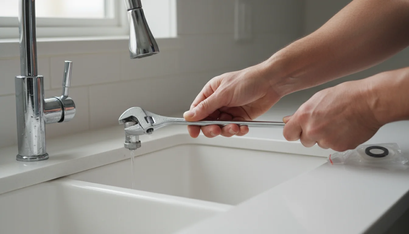 Adult hands use a wrench to tighten a chrome kitchen faucet; new washer and O-ring are visible on the counter.