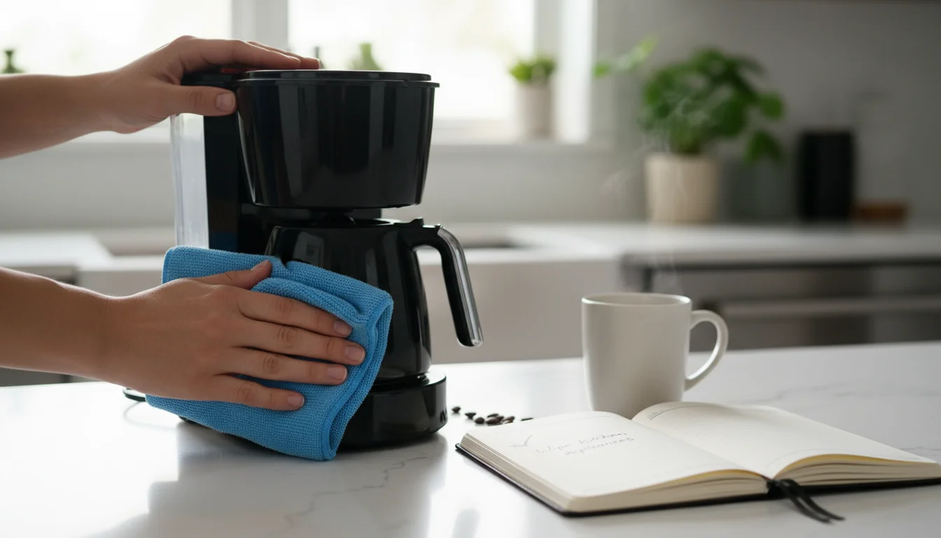 Adult hands wiping a sleek black coffee maker on a bright counter, next to an open planner with a checked task and a minimalist coffee mug.