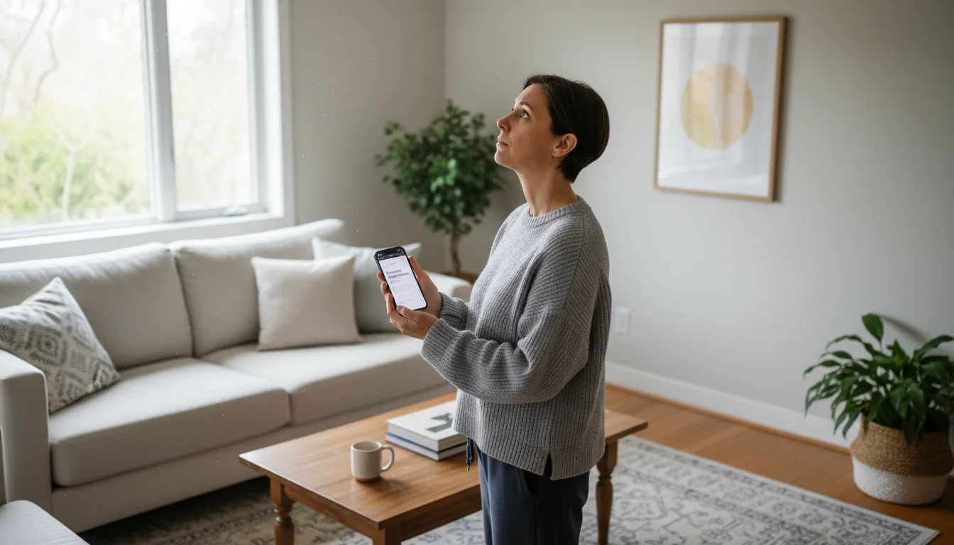 Adult homeowner looks at a faint damp patch on a living room ceiling while holding a smartphone open to contacts.