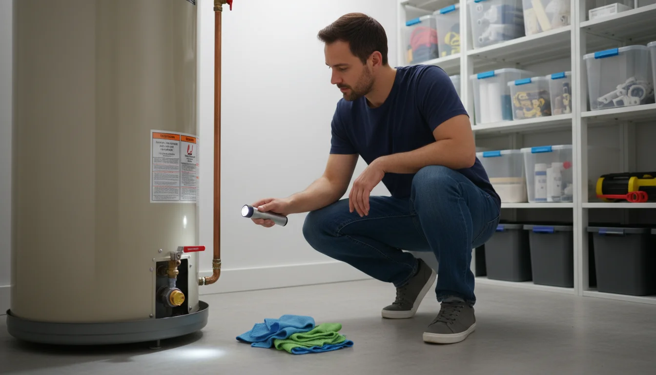 An adult person points a small flashlight at the drain valve of a water heater in a clean utility room.