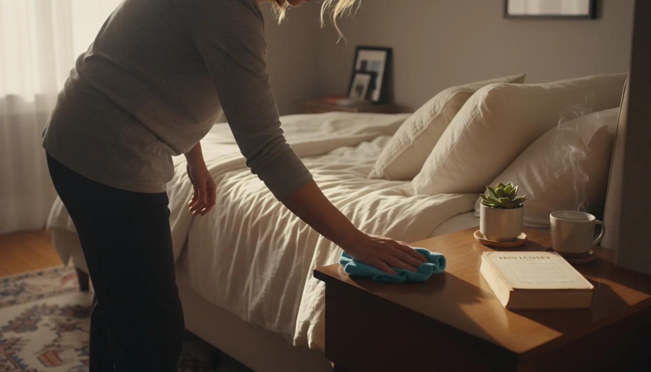 An adult person wipes a nightstand with a cloth. A made bed and neatly stacked book are visible in a cozy bedroom.
