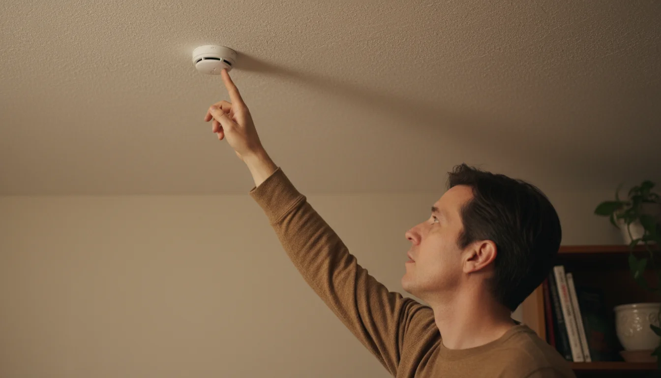 Adult in profile presses the test button on a ceiling-mounted smoke detector in a warm, comfortable home setting.