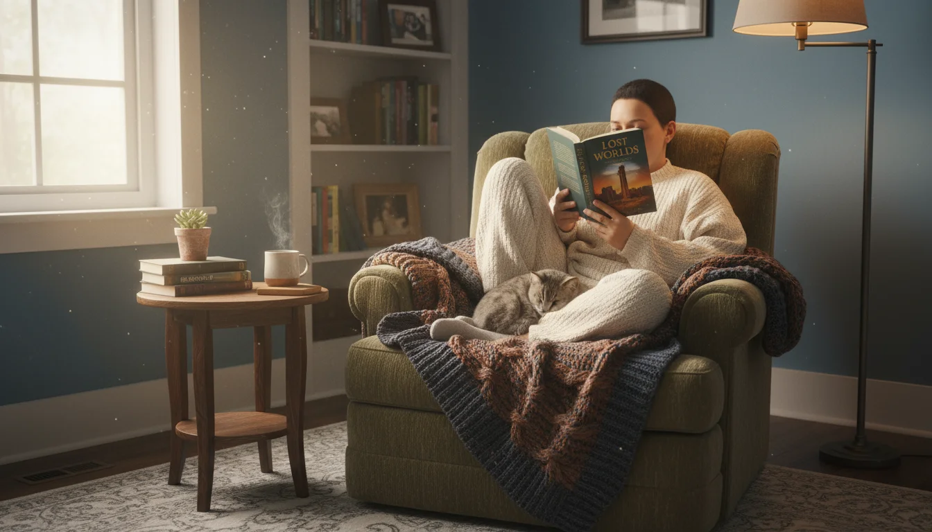 An adult reads peacefully in a cozy bedroom armchair, draped with a blanket, beside a small table with books, a mug, and a plant.