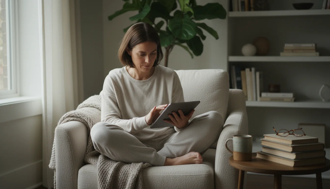Adult reads on a tablet in a cozy armchair next to a steaming mug and plant on a side table, bathed in soft window light.